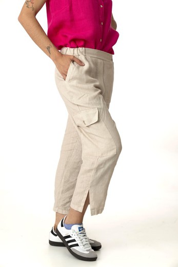 Pantalon cargo lino arena