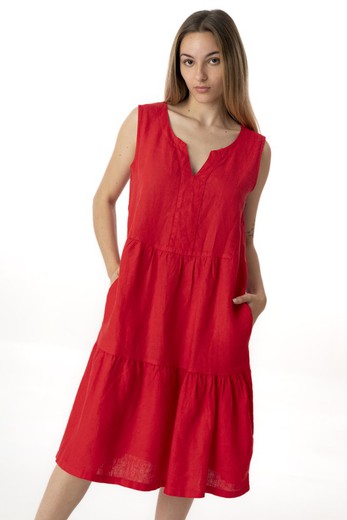 Vestido volante lino rojo